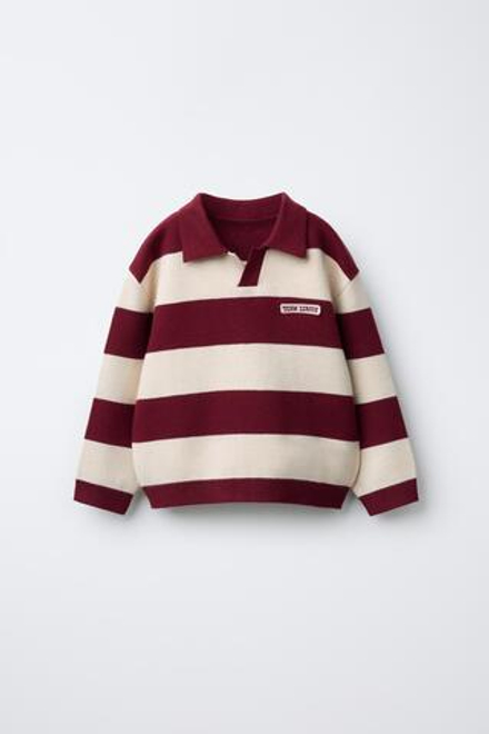 ZARA ТРИКОТАЖНОЕ ПОЛО В ПОЛОСКУ В СТИЛЕ ВАРСИТИ, ЭКРЮ/ГРАНАТОВЫЙ
