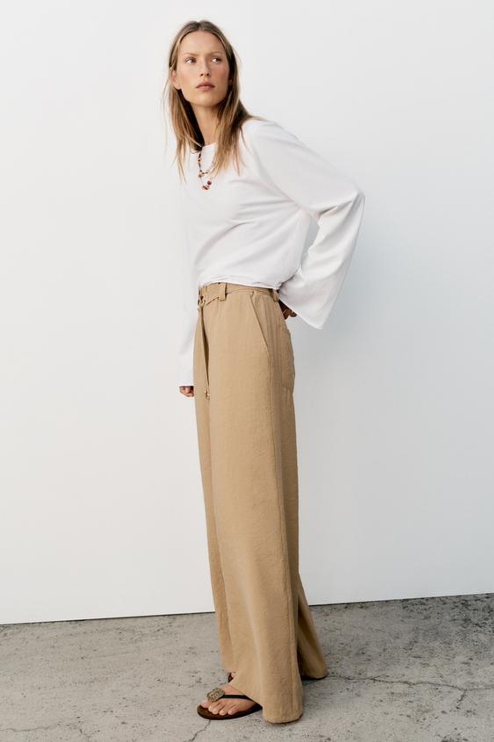 ZARA ПРЯМЫЕ БРЮКИ С ПОЯСОМ, ПЕСОЧНЫЙ