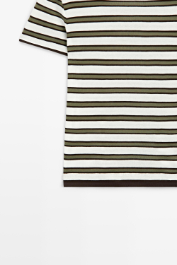 Massimo Dutti Хлопковая футболка в полоску с короткими рукавами, хаки