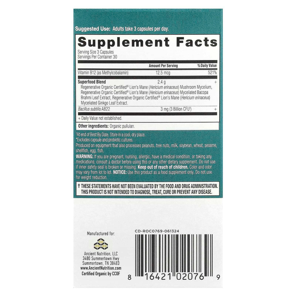 Ancient Nutrition, Focused Brain, мозг, 90 капсул