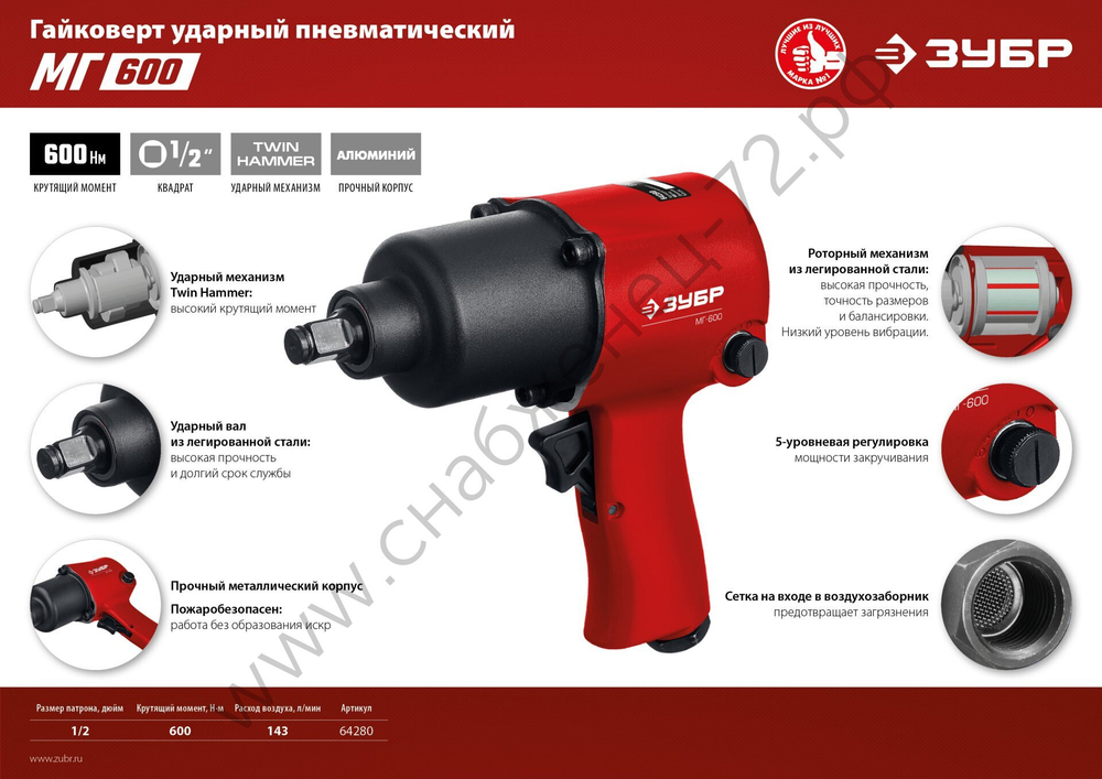 ЗУБР МГ-600, 1/2″, 600 Н·м, ударный пневматический гайковерт (64280)