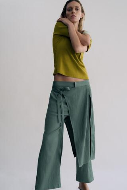 ZARA БРЮКИ ПАРЕО ПРЯМОГО КРОЯ - ZW COLLECTION, ХАКИ