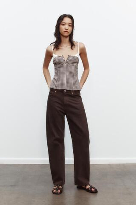 ZARA КОМБИНИРОВАННЫЙ ТОП ИЗ ЭЛАСТИЧНОЙ ТКАНИ В КЛЕТКУ ВИШИ, КОРИЧНЕВЫЙ/БЕЛЫЙ