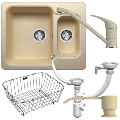 Мойка POLYGRAN F-09 опал №328 (бежевый), смеситель НИЗКИЙ КРАН ЭКО опал