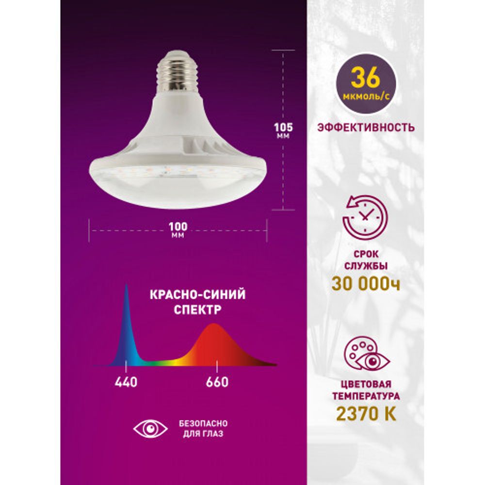 Фитолампа для растений светодиодная ЭРА FITO-18W-RB-E27 красно-синего спектра 18 ВТ Е27