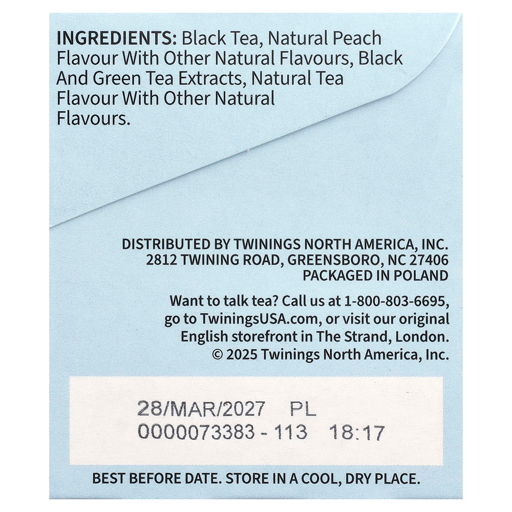 Twinings, холодный холодный чай, черный чай, персик, несладкий, 20 чайных пакетиков, 40 г (1,41 унции)