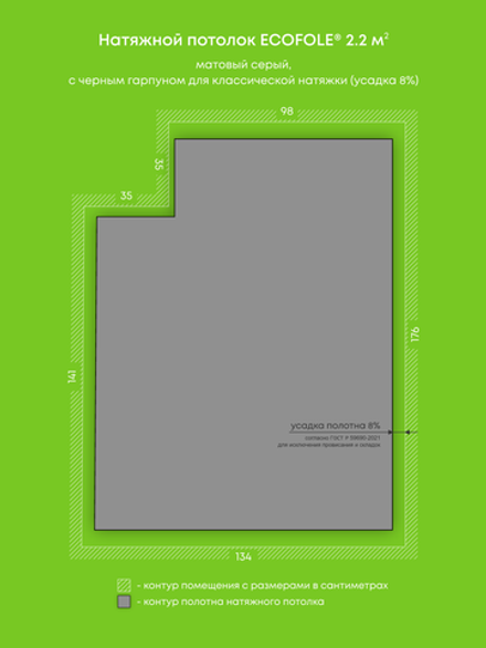 Матовый натяжной потолок 2.2 м2