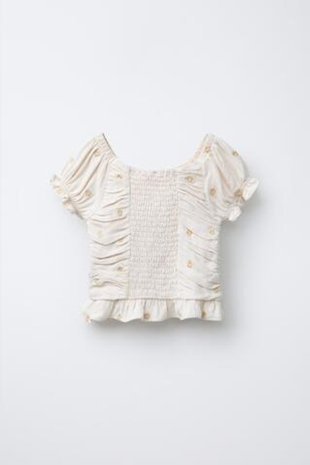ZARA ТОП ИЗ СМЕСОВОГО ЛЬНА СО СБОРКАМИ И ЦВЕТОЧНОЙ ВЫШИВКОЙ, ПЕСОЧНЫЙ