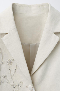 ZARA ЛЬНЯНОЙ БЛЕЙЗЕР С БЛЕСТЯЩИМИ ДЕТАЛЯМИ, СВЕТЛО-БЕЖЕВЫЙ