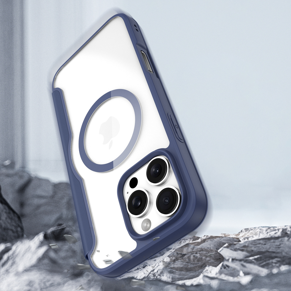 Прозрачный чехол книжка синего цвета с поддержкой MagSafe от Dux Ducis для iPhone 16 Pro, серия Skin X Pro Series Case