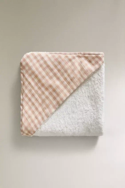 ZARA HOME ПОЛОТЕНЦЕ С КАПЮШОНОМ В КЛЕТКУ ДЛЯ ДЕТЕЙ, РОЗОВЫЙ