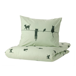 IKEA BARNDRÖM  (ИКЕА БАРНДРÖМ)  -  Пододеяльник и наволочка, рисунок кошки/зеленый, 150x200/50x60 см