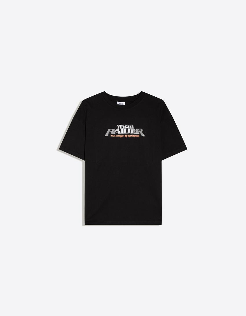 BERSHKA Футболка оверсайз с принтом Tomb Raider, черный