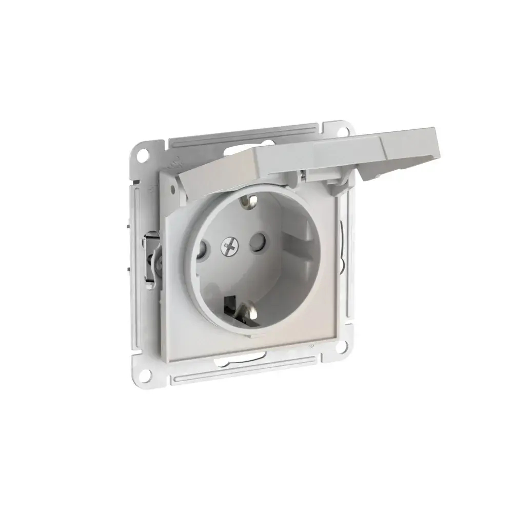 ATLASDESIGN РОЗЕТКА с заземлением со шторками с крышкой,16А,IP20, мех.,быстрозажим. клем., ЖЕМЧУГ
