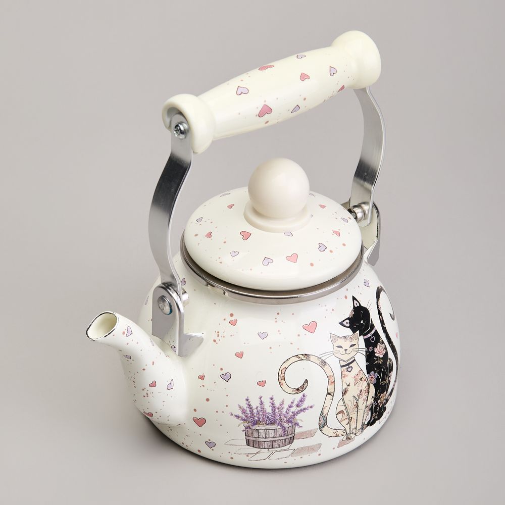 ЧАЙНИК AGNESS ЭМАЛИРОВАННЫЙ СО СЪЕМНЫМ ФИЛЬТРОМ ИЗ НЖС СЕРИЯ "LAVENDER CATS", 0,85 Л