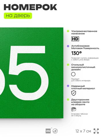 Номер на дверь 965, табличка на дверь для офиса, квартиры, кабинета, аудитории, склада, зеленая 120х70 мм, Айдентика Технолоджи