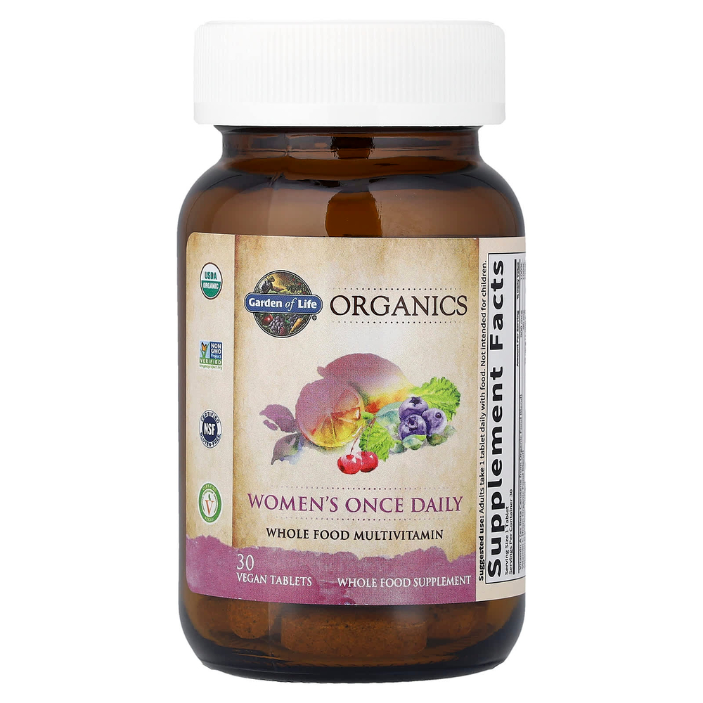 Garden of Life, Organics, мультивитамины из цельных продуктов для женщин, одна таблетка в день, 30 веганских таблеток