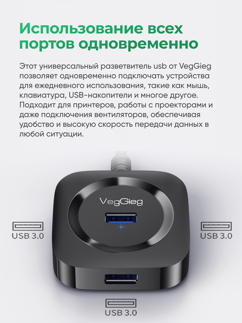 TypeC хаб VegGieg на 4 порта | Скорость до 350 МБ/с | Поддержка HDD 5 ТБ | Питание Micro USB | Без драйверов 0,2 м
