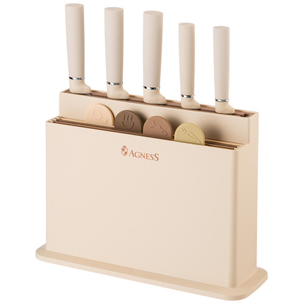 НАБОР AGNESS ИЗ 10ПР: 5 НОЖЕЙ, 4 ДОСКИ И ПОДСТАВКА, ЦВЕТ: БЕЖЕВЫЙ