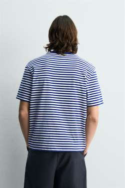 ZARA ФУТБОЛКА REGULAR FIT ЖАККАРД В ПОЛОСКУ, БЕЛЫЙ/СИНИЙ
