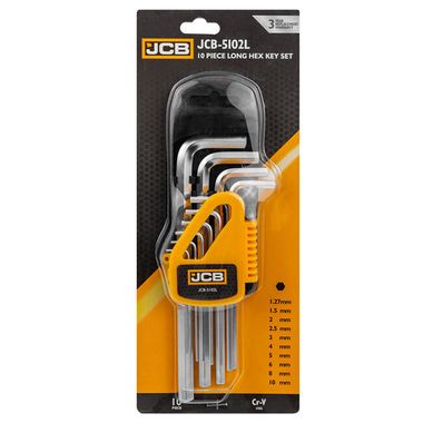 Ключи Г-образные 6-гранные длинные, набор 10пр. (1.27, 1.5, 2, 2.5, 3-6, 8, 10мм) JCB JCB-5102L
