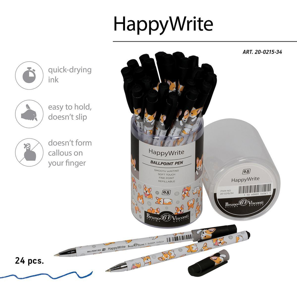 Ручка шариковая 0.5 мм синяя "HappyWrite Друзья Корги" (BrunoVisconti)