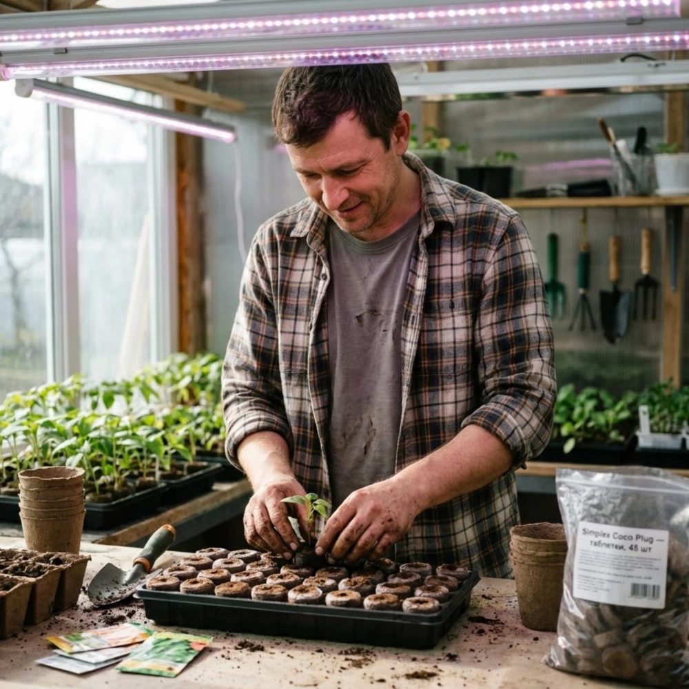 Поддон с кокосовыми таблетками и проростками