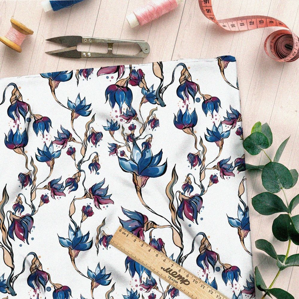 Ткань поплин голубые цветы на белом