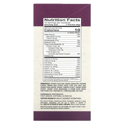 BareOrganics, Immunity, Superfood Water Enhancer, органический апельсин и мандарин, 12 пакетиков в стиках по 6 г (0,21 унции)