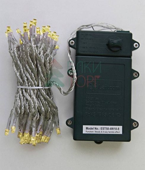 Светодиодная гирлянда 5 м., 3 батарейки типа D 4.5V, 50 LED ламп цвета шампань, таймер, прозрачный провод, LTC (EST50-4W10-8CH)