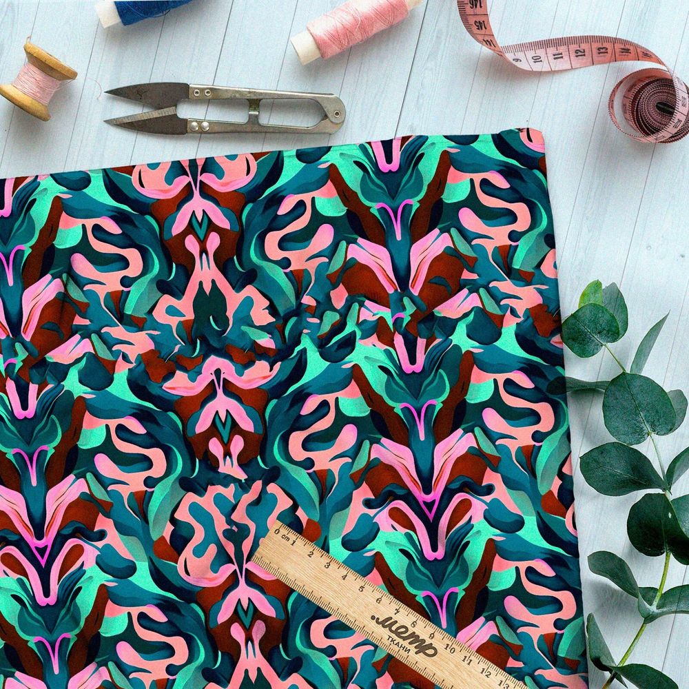 Ткань атлас  абстрактные цветы волной