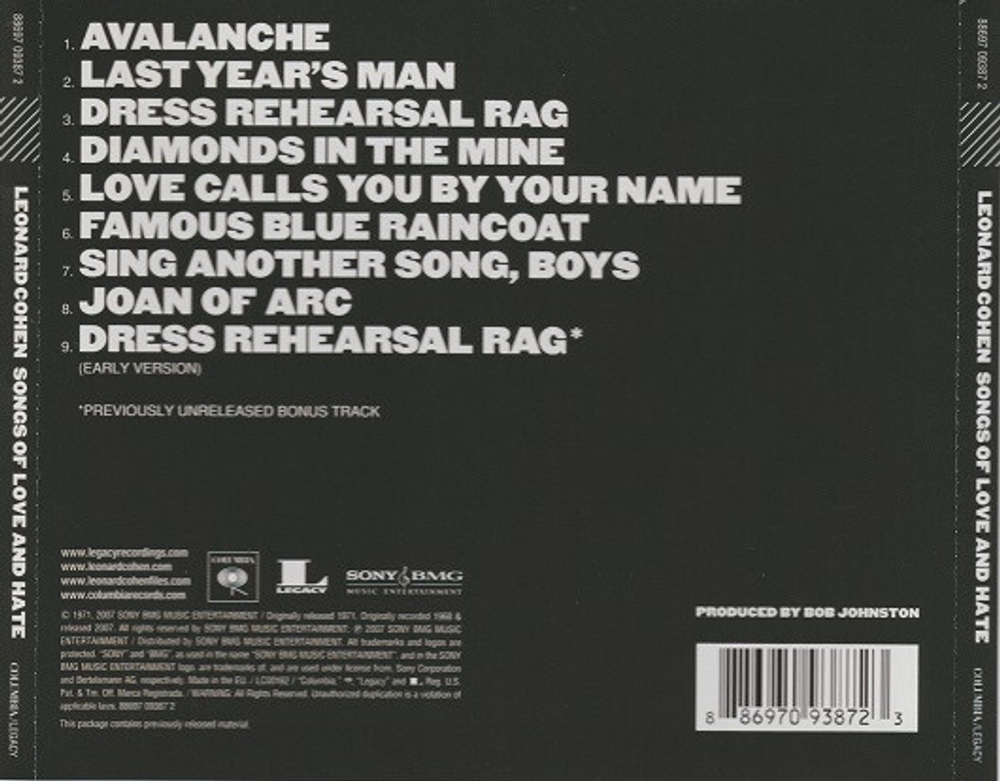 CD Leonard Cohen - Songs Of Love And Hate (Европа 2007г.)