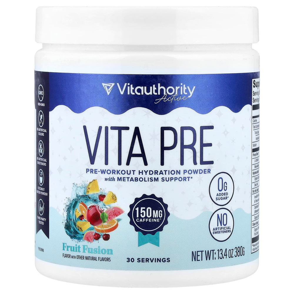 Vitauthority, Active, Vita Pre, увлажняющий порошок перед тренировкой, фруктовый фьюжн, 380 г (13,4 унции)