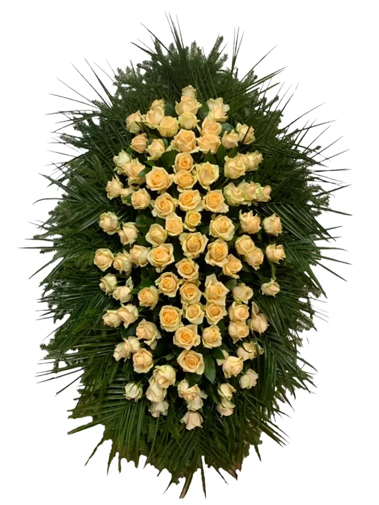 Траурный венок из живых кремовых роз и натуральной хвои, размер 120 см Траурный венок из живых кремовых роз и натуральной хвои, размер 120 см