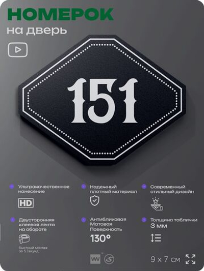 Номерок на дверь квартиры 151, для кабинета, офиса, шильдик 9 х 7 см, черный, Айдентика Технолоджи
