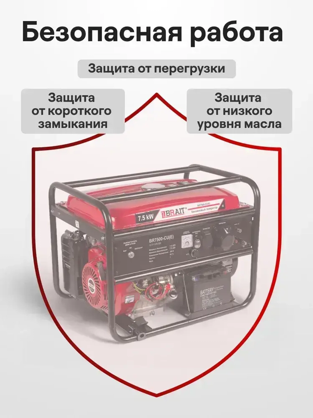 Генератор бензиновый Brait BR7500-CU(Е) ( 7,5 кВт электростартер+аккумулятор бак 25 л ) / бензогенератор / источник электроэнергии