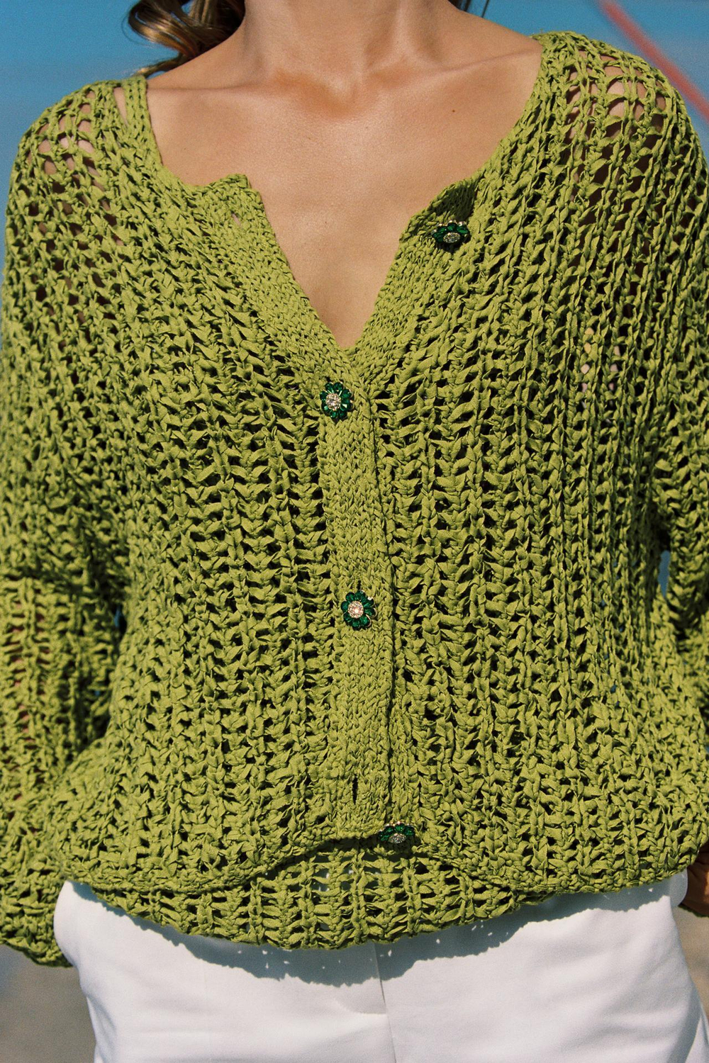 ZARA КАРДИГАН АЖУРНОЙ ВЯЗКИ, ЗЕЛЕНЫЙ