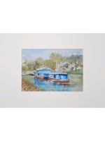 Картина авторская акварельная в паспарту 21х30 см на стену для интерьера "Пристань у кремля. Рязань"