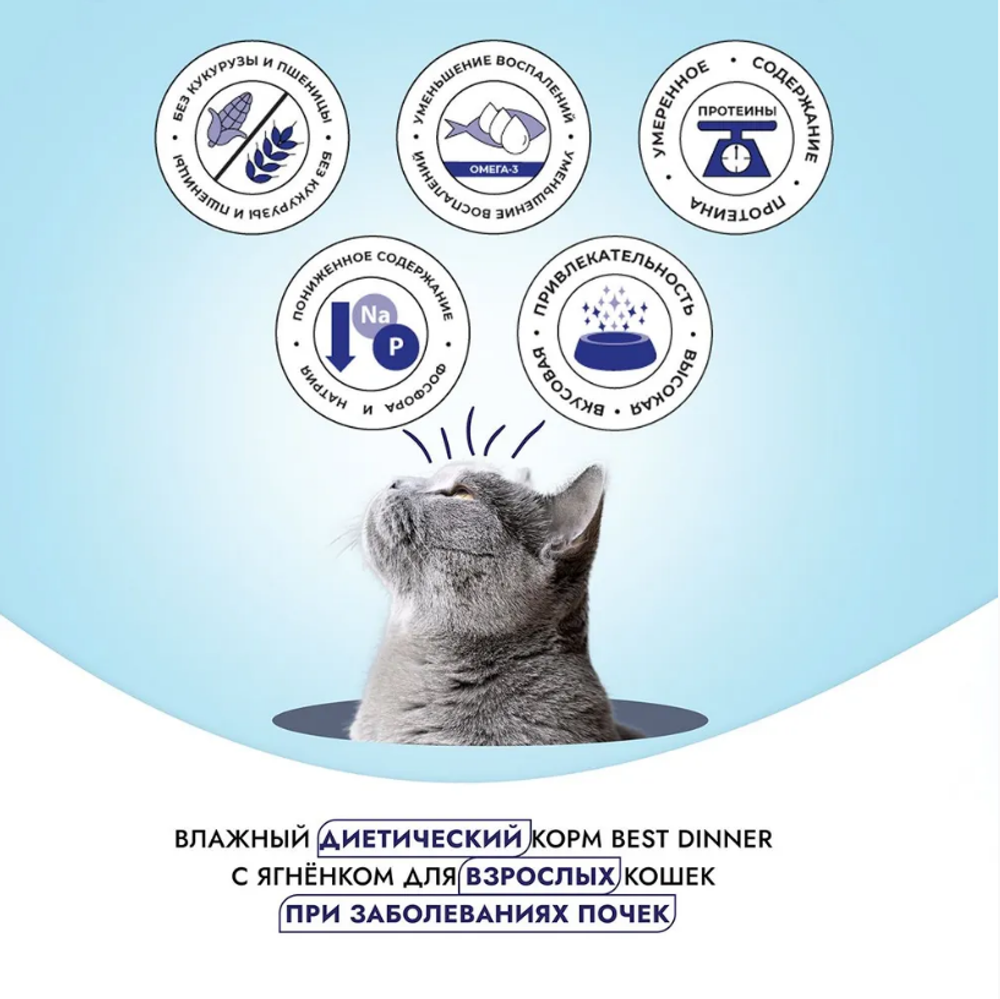 Влажный корм паштет для кошек Best Dinner Vet Profi Renal 0,1кг (диета при почечной недостаточности) ягненок. 14 упаковок