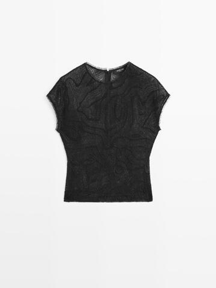Massimo Dutti Полупрозрачной топ с вышивкой, черный