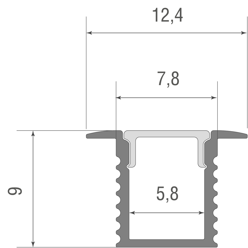 Встраиваемый алюминиевый анод. профиль,  12, 4х9х2000мм. В комплекте матовый экран,  4 торцевые заглушки,  4 крепежа,  алюминий