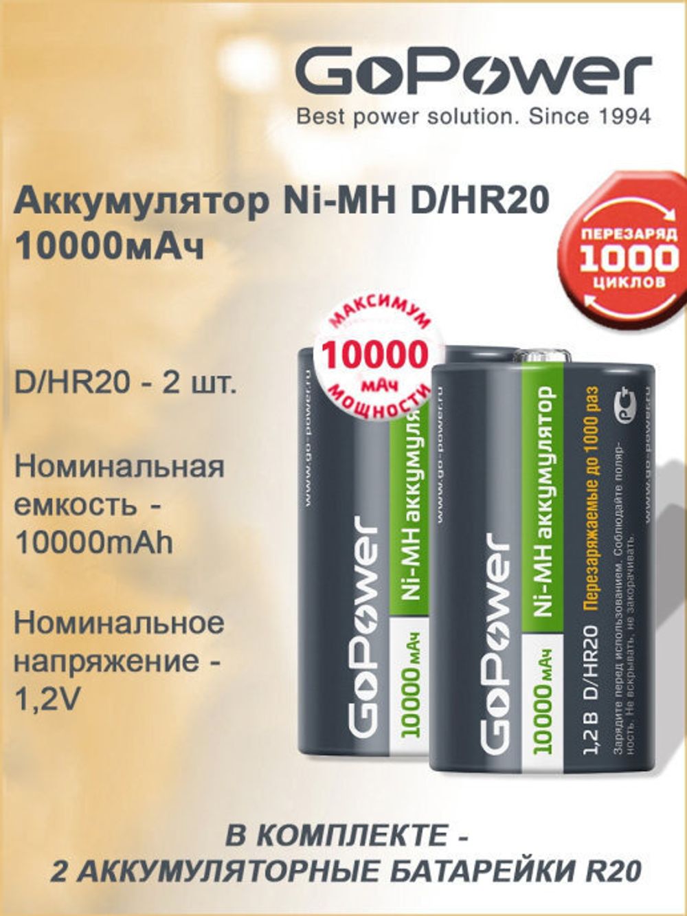 Аккумуляторная батарея GoPower R20 D 10000mAh   1/6/48