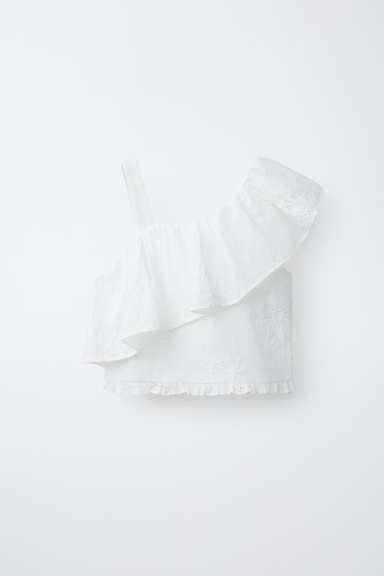 ZARA ТОП С АСИММЕТРИЧНЫМ ВОЛАНОМ, БЕЛЫЙ