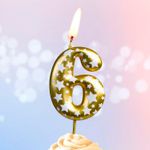 Свеча Цифра, 6 Звездочки, Золото, 4,3 см, 1 шт.