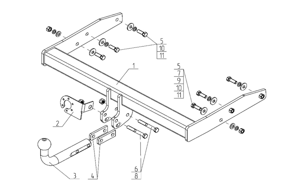 Фаркоп для Volkswagen Transporter/Caravelle/Multivan T5,6 2003-2024. Тип шара: A. Нагрузки: 2800/120 кг, VW 36