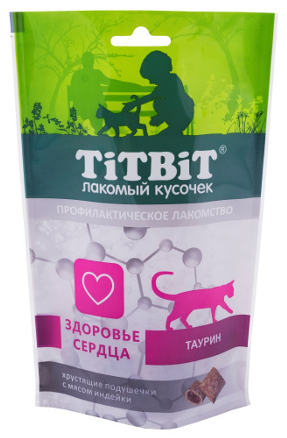 TITBIT Лакомство для кошек Хрустящие подушечки Здоровье сердца с индейкой, 60 г