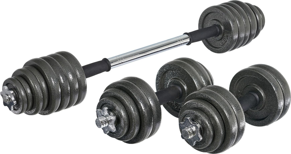 Набор гантелей + гриф для штанги 30 кг, пластиковый кейс