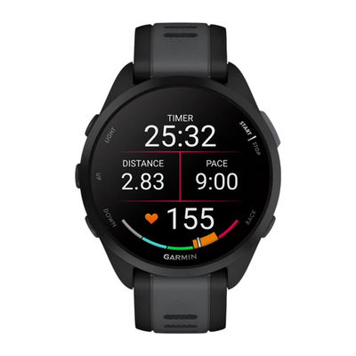 Спортивные часы Garmin Forerunner 165 Music, силиконовый ремешок цвета чёрный/синевато-серый AMOLED-дисплей. Ремешок с классической застёжкой — на запястье обхватом 126–203 мм