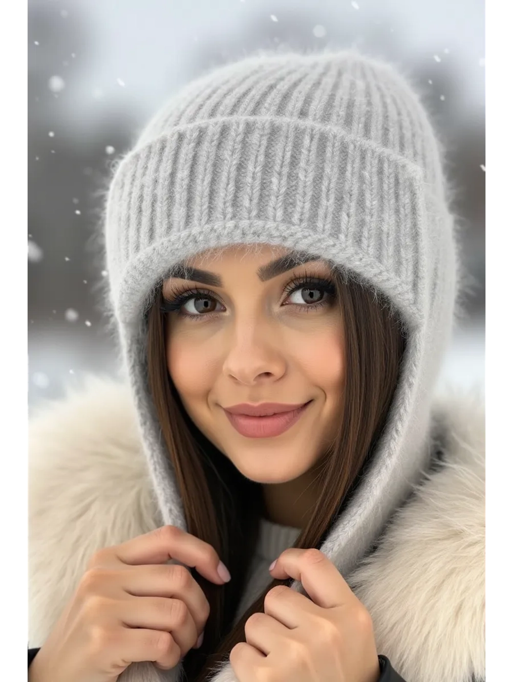 шапка ушанка вязаная зимняя ангора пушистая
