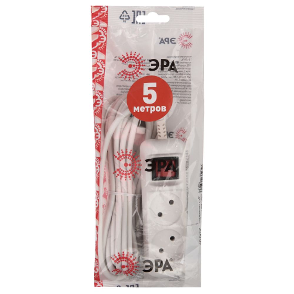 Удлинитель электрический ЭРА U-2s-5m-2x1 без заземления c выключателем 2 розетки 5м ПВС 2x1мм2 10А